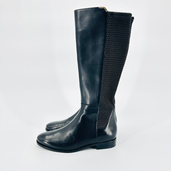 Cole Haan Black Riding Boots Gold Trim Woven Stretch Detail - Picture 3 of 9